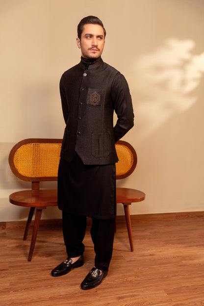 Black Satin Waistcoat motive on a pocket