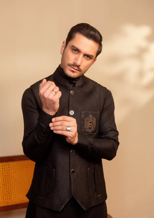 Black Satin Waistcoat motive on a pocket