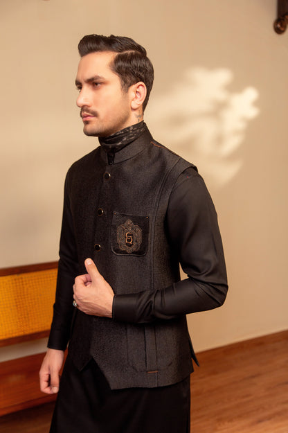 Black Satin Waistcoat motive on a pocket